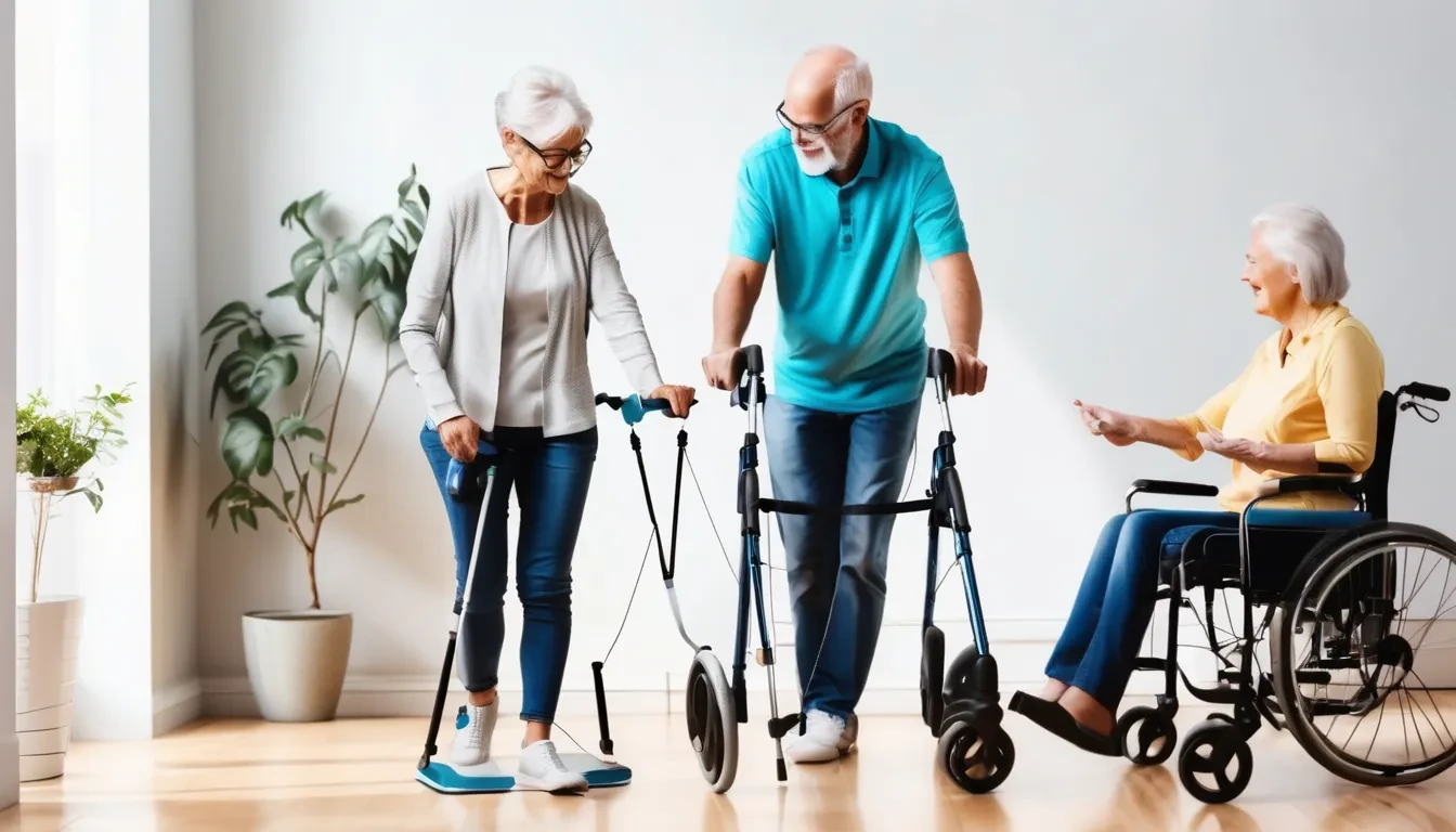 Elderly couple walking with walker indoors